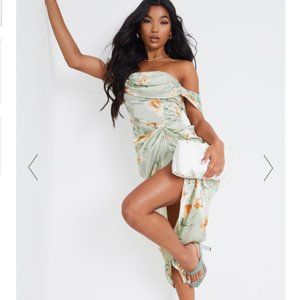 PLT SAGE GREEN FLORAL PRINT SATIN DRAPED BARDOT MIDI DRESS